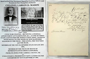 CIVIL WAR COLONEL GETTYSBURG DEAD SENATOR JUDGE MASON 18th NH LETTER SIGNED 1863