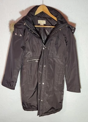 Michael Kors 连帽长款 Puffer 外套夹克女式 S/P 码人造毛皮装饰 — 第 1/4 张图片