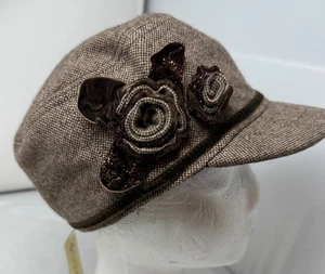 NUEVO CON ETIQUETAS Kate Landry Mujer Marrón Tweed Sombrero Rosetas Estilo Newsboy Mezcla de Lana - Imagen 1 de 11