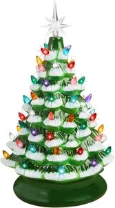 15" Ceramic Christmas Tree Pre-Lit Tabletop Holiday Decor, Flocked w/Multicolor - Picture 1 of 7