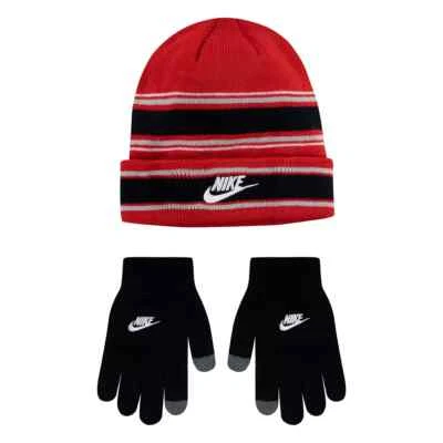 Nike Kids Boys Red Multi Stripe Beanie Hat and Gloves Set - (9A3047-U10) - NWT — 第 1/3 张图片