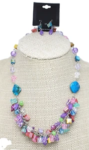 Neu silberfarbene Halskette Ohrring Set mit bunten Muschelsteinen neu mit Etikett #N2348 - Bild 1 von 2