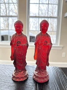 Pair 7.5” Handcarved Red Amber Blessing Buddha Statues, Chinese Antique - Picture 1 of 16