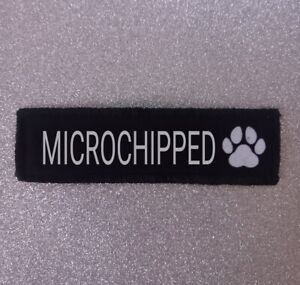 4.5" x 1.5" Microchipped Dog. Dog Harness Vel Hook Backed Patch Badge