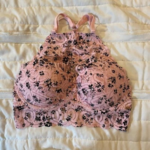 Victorias Secret PINK Bra XS AA to C Cup Pink Floral Lace Push Up High Neck - Picture 1 of 12