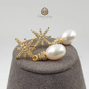 Pendientes blancos de perlas de agua dulce enchapados en oro 18k cumpleaños Navidad - Imagen 1 de 13
