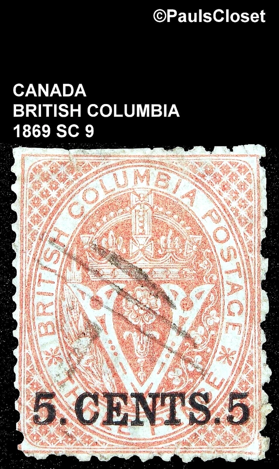 CANADA BC 1869 SC 9 SEAL OF BRITISH COLUMBIA OP 5¢ ON 3p BRT RED UNG FINE - Image 1 of 2