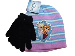 Disney Frozen Anna & Elsa Purple Blue Striped Knit Beanie & Glove Winter Set NWT - Picture 1 of 2