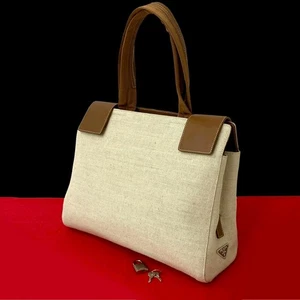 PRADA Triangle Logo Metal Handbag canvas leather Brown 30327 - Picture 1 of 10