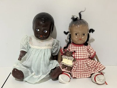 Lot of 2 Compo 11” Baby Dolls Tufts Hair African American 1940s w/dolly - Image 1 of 4