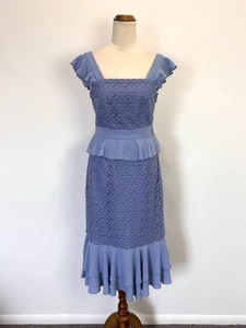 FINDERS Womens Dress XS 8 Blue Embroidered Frills Pencil Cocktail Formal Wedding - Picture 1 of 14