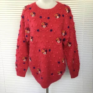 Vintage PingPong 95% Mohair Jumper XL Red Floral Embroidered Knit Soft Fluffy - Picture 1 of 18