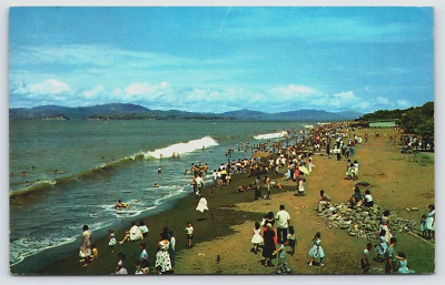 Postcard Playa de Puntarenas Costa Rica Beach Scene Swimmers Sunbathers Vtg - Image 1 of 3