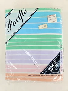 Vintage Double Fitted Bed Sheets 70s Pacific Pastels Stripe No-Iron USA - Picture 1 of 9