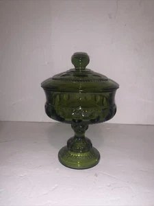 Indiana Green Glass Kings Crown Thumbprint Pedestal Candy Dish With Lid - Picture 1 of 6
