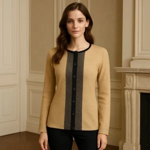 LOFT Women's Button Front Blouse Beige Black Print Long Sleeve Size S Elegant - Picture 1 of 6