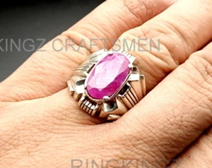 Natural Ruby Mens Ring Pinkish Red Stone 925 Sterling Silver Ruby Silver Ring - Picture 1 of 7