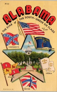 ALABAMA Under Six Flags STATE CAPITOL linen - Postcard - Picture 1 of 2