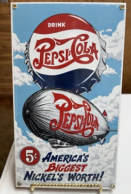 Ande Rooney porcelain METAL sign Pepsi-Cola Zeppelin Nostalgic NOS 13.25X7.5 - Image 1 of 4