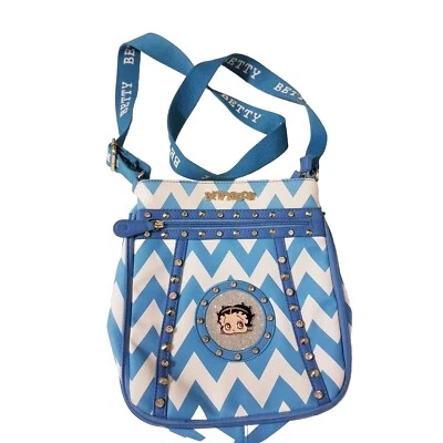 Bolso Bandolera Betty Boop Azul Claro Blanco Chevron Cremallera Correa Coleccionable  Foto 1 de 4