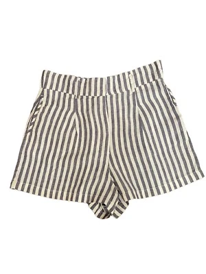 Pantalones Cortos Cynthia Rowley Cintura Alta 100% Lino Blanco Azul Plisado Rayas Talla 12 Foto 1 de 4