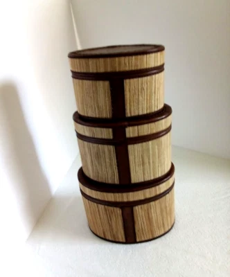 Vintage Nested Basket storage boxes with leather top set of 3  Largest 8x 5.5 x5 - Image 1 of 4