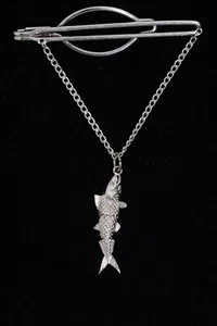 Vintage Sterling Tie Bar with Chain & Sterling Articulating Fish Charm - Picture 1 of 6