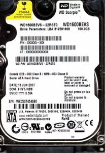WD1600BEVS-22RST0, FHYTJHBB, WESTERN DIGITAL SATA 160GB JUN 2007, WXC5 - Picture 1 of 1
