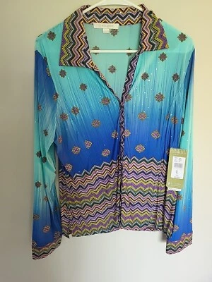 Top Erin London Azul y Púrpura Manga Larga con Plateado Metálico Talla L Nuevo con Etiquetas, Artístico Foto 1 de 4