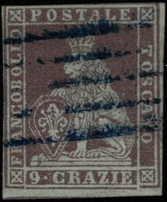 Tuscany Italy State 8a used 9cr dp brown violet 1851 Lion Shield ZAYIX 031922S02 - Image 1 of 3
