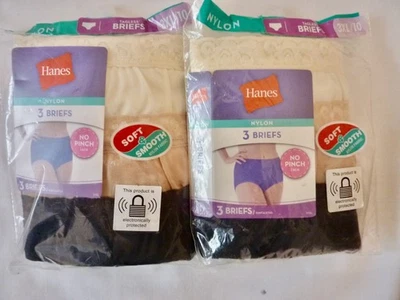 Hanes Nylon Tagless Womens Briefs Lace Waist Cotton Liner 2  3-Packs Sz 10 NIP - Image 1 of 4