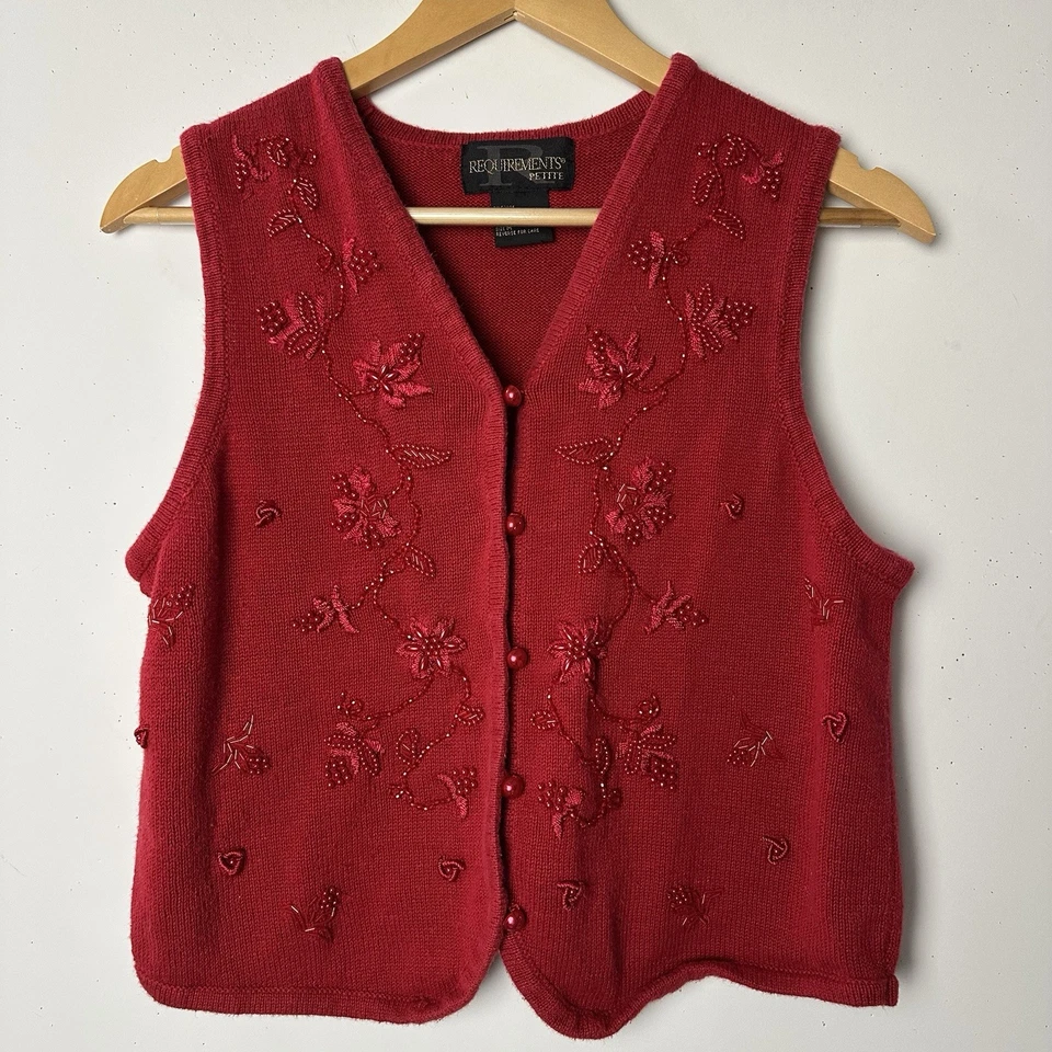 De Colección Suéter Chaleco Rojo Floral Bordado Botones Cuentas Años 80 90 Abuela Cabaña PM Foto 1 de 4