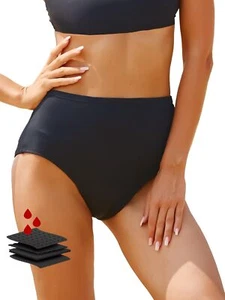 Period Swimwear-Menstrual Swimsuit Bikini Bottoms-High Waisted Medium, Black - Picture 1 of 6