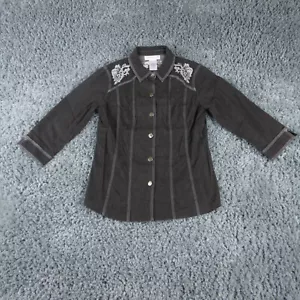 Susan Graver Shirt Damen 8 schwarz bestickt Langarm Knopfleiste - Bild 1 von 16