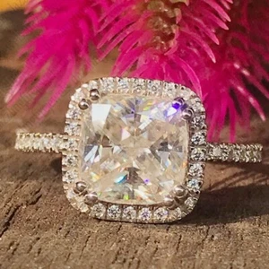 2.34 TCW Cushion Cut Moissanite Halo Engagement Ring 14k White Gold Plated - Picture 1 of 8