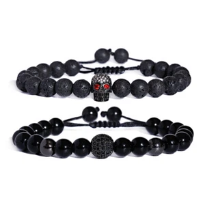 Pulseras punk para hombre con cuentas de calavera de roca de lava 8 mm negras brillantes bolas de ónix pulseras - Imagen 1 de 12