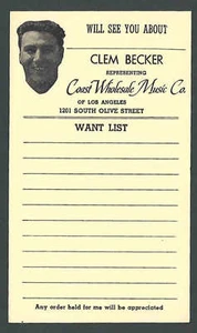 Ca 1958 PC LOS ANGELES CA COAST WHOLESALE MUSIC CO SALESMANS CALLING CARD - Picture 1 of 1