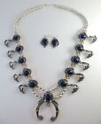 High Quality Sterling Silver & Lapis Lazuli Squash Blossom Necklace Earrings Set