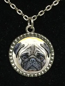 Dog Pug Charm Tibetan Silver with 18" Necklace P1 BIN - Picture 1 of 2