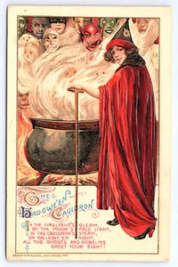 Winsch Schmucker Embossed Halloween Postcard Red Witch Cauldron Ghost Goblin KB3 - Picture 1 of 2