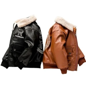 Jackets Boy Plush Thick Winter Casual Overcoat Kids for Outerwear Leather Coat - Picture 1 of 30