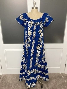 Jade Fashions Hawaiian Dress Blue Floral Tropical Midi Aloha Luau Size Medium - Picture 1 of 8
