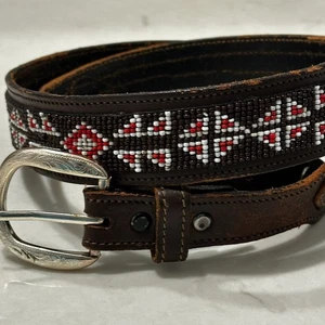 Cinturón Western Vintage Cuero Y Cuentas Hebilla Grabada Plateada Talla 36 - Imagen 1 de 11
