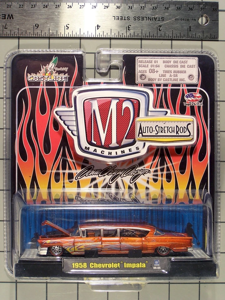 M2 Machines 2008 Auto-StretchRods, 58 Chevy Impala, orange w/multi color flames - Image 1 of 1