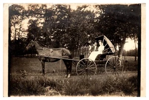 RPPC Pareja en Buggy con Caballo, Carretera Forrada de Árboles, Ubicación Desconocida - Imagen 1 de 2
