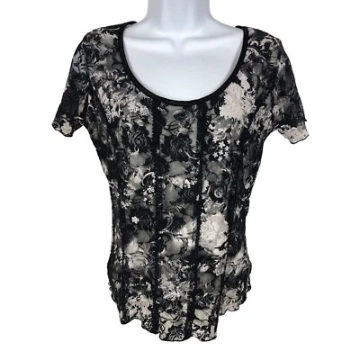 Sere Nade Top Women Size M Black White Floral Scoop Neckline Short Sleeves - Image 1 of 4