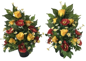Silk Flower Grave Pot Artificial Rose & Poppy Flat Back Mixed Arrangement Pair - Picture 1 of 4