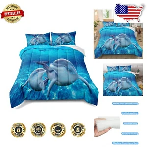 Cute Dolphin Comforter Set - Full Size Ocean-Themed Bedding with 2 Pillowcases - Picture 1 of 7