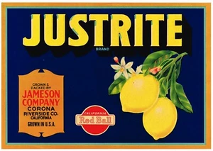 ORIGINAL LEMON CRATE LABEL VINTAGE CORONA RIVERSIDE JUSTRITE JAMESON 1940S - Picture 1 of 1