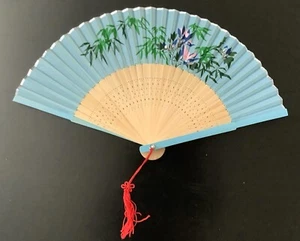 ASIAN FAN Folding Wooden Fabric Hand Held or Wall Decor-Blue Flowers-USA SELLER - Picture 1 of 1